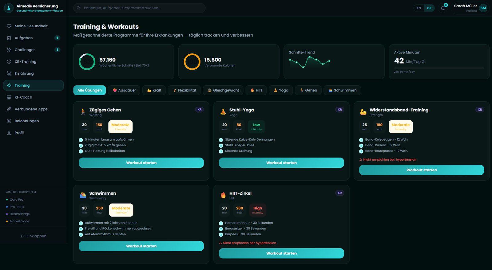 Aimedis Insur training and workouts page with condition-tailored exercise programs
